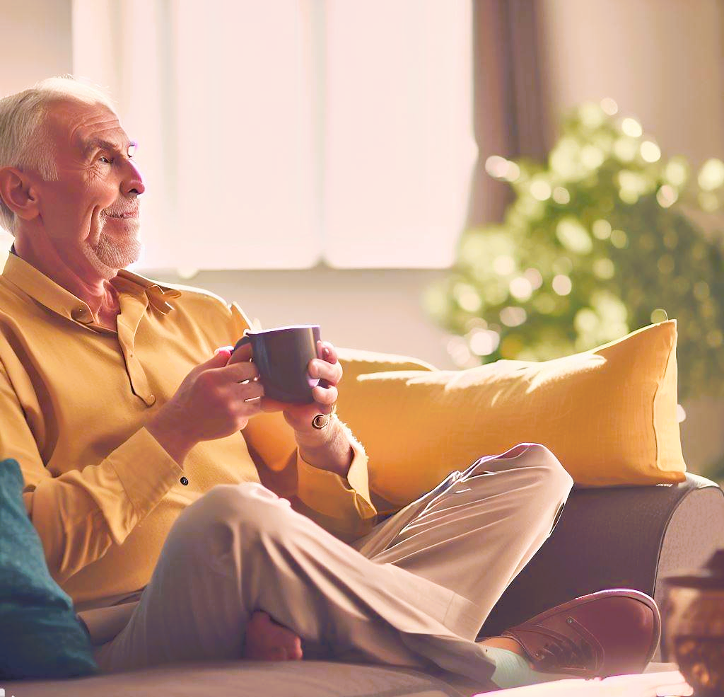 A person enjoying a comfortable retirement with a cup of coffee, representing financial security.