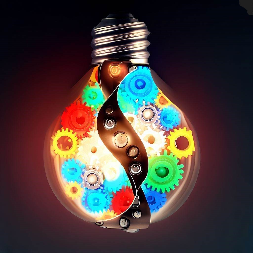 Interwoven light bulbs with colorful gears inside, representing the fusion of creativity and innovation.