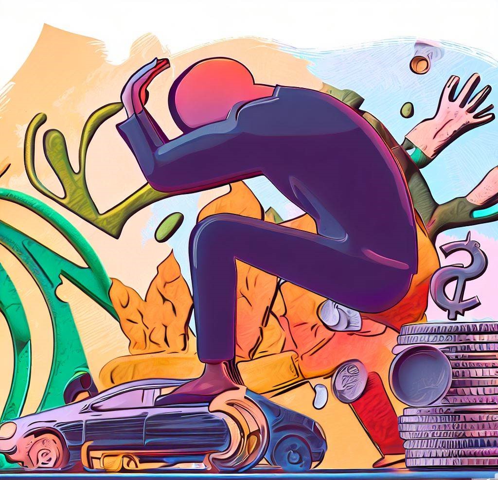 Illustration of a person overcoming financial stress with elements of financial planning and self-care.