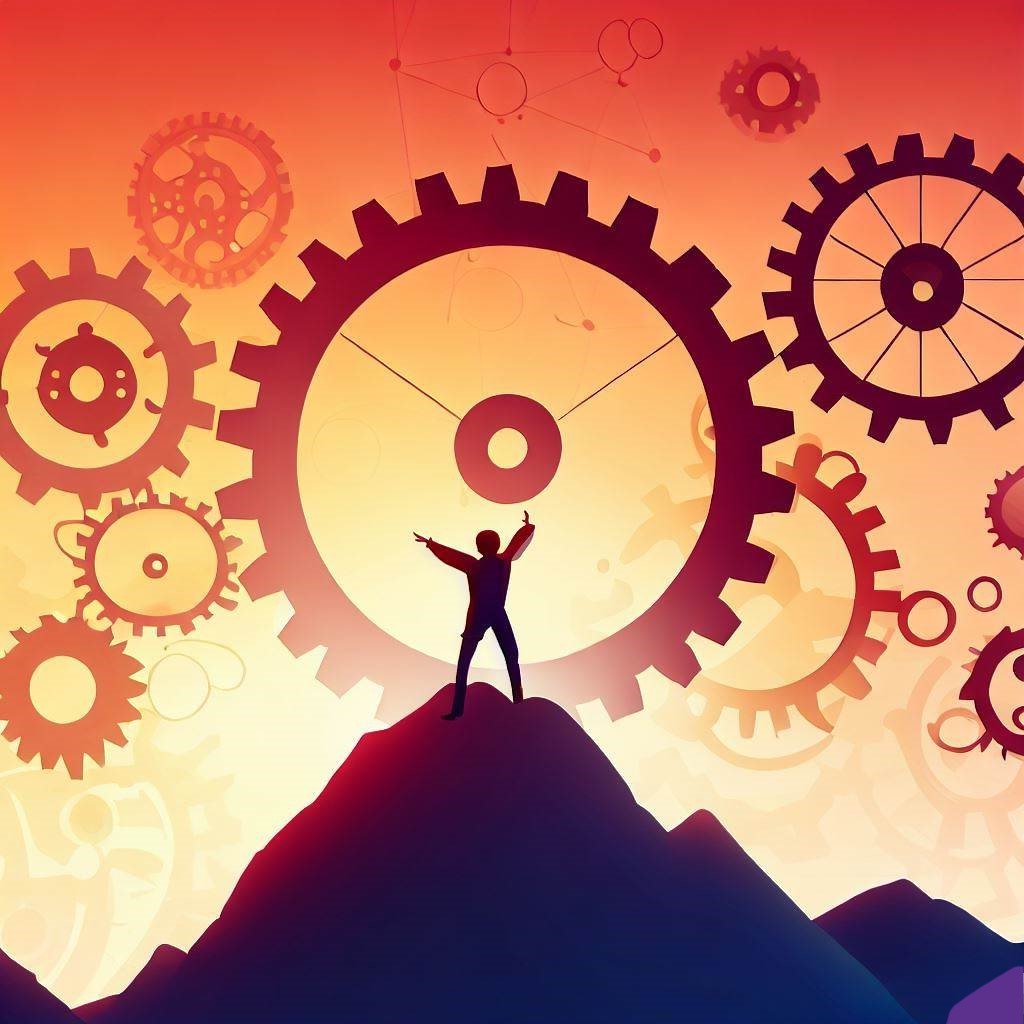 A determined person climbing a mountain, with connected gears in the background symbolizing the systems supporting his goals.