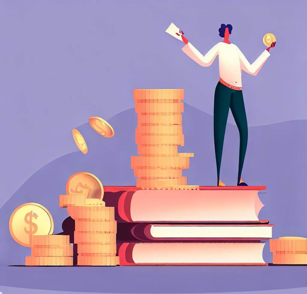 A person confidently standing on a pile of money, holding a guidebook on managing money, surrounded by icons representing the 8 personal finance skills.