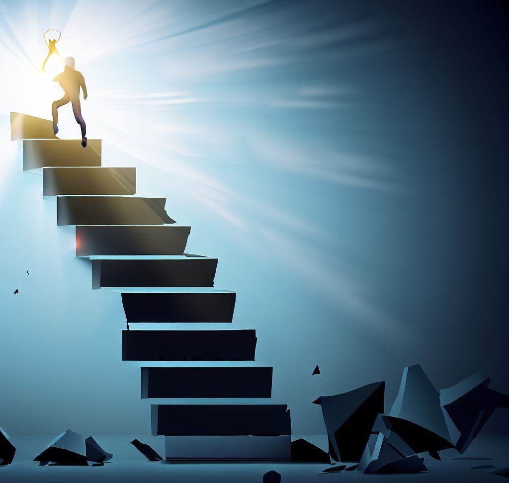 A person climbing a staircase made of broken pieces, representing failures, with a bright shining light or trophy at the top, symbolizing success.