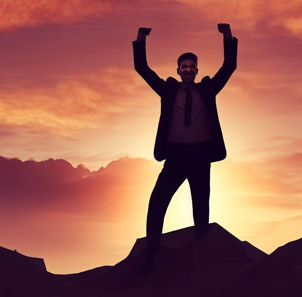 Man standing on a rock with arms raised, celebrating his achievement against a scenic backdrop
