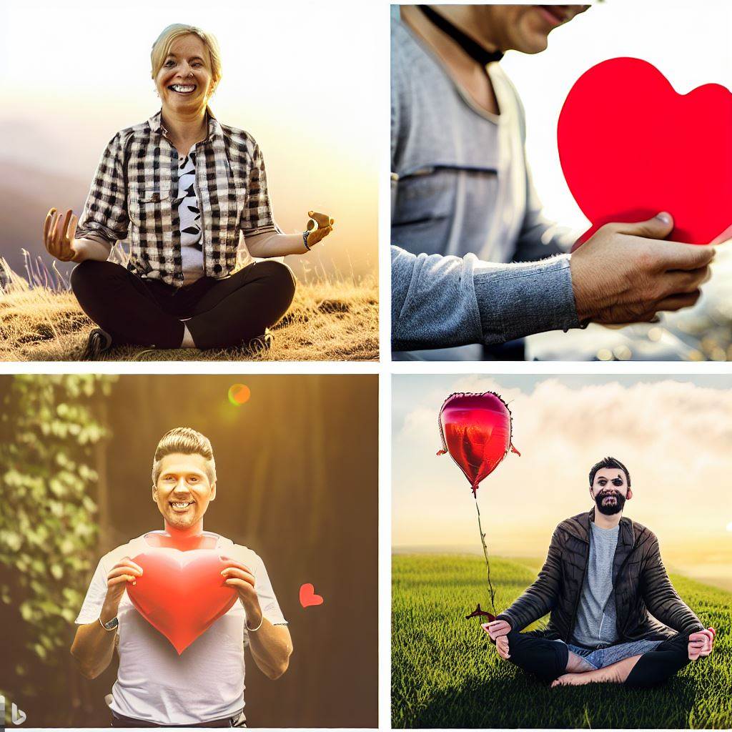Collage of four images representing gratitude - meditation, friendship, journaling, and happiness