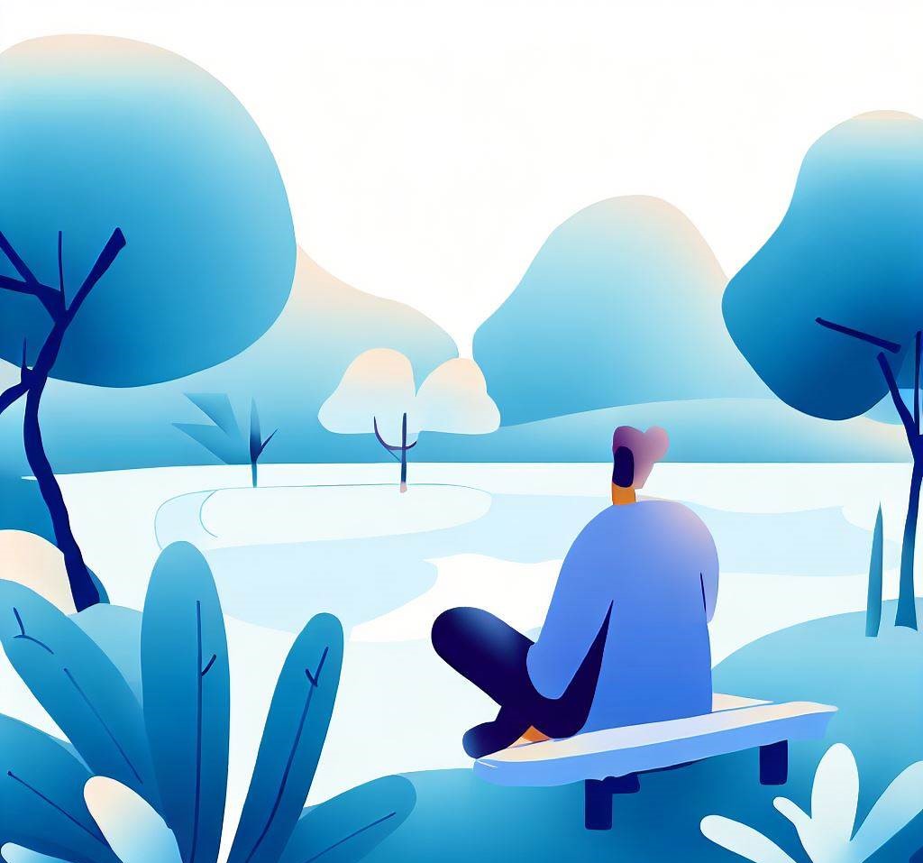Person in a state of calmness by a tranquil lake with trees, symbolizing successful coping with stress.