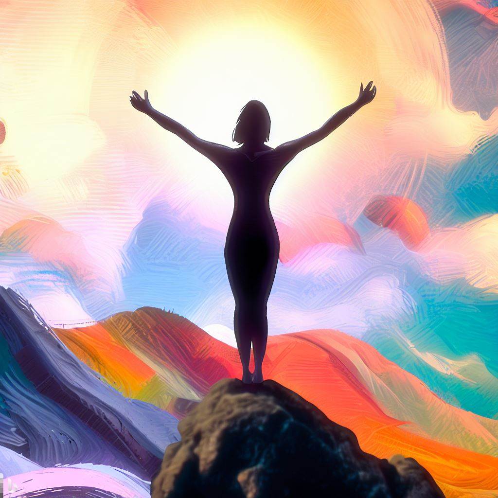 Wellness and Well-being: Silhouette of a joyful girl with raised hands against a vibrant, colorful background.
