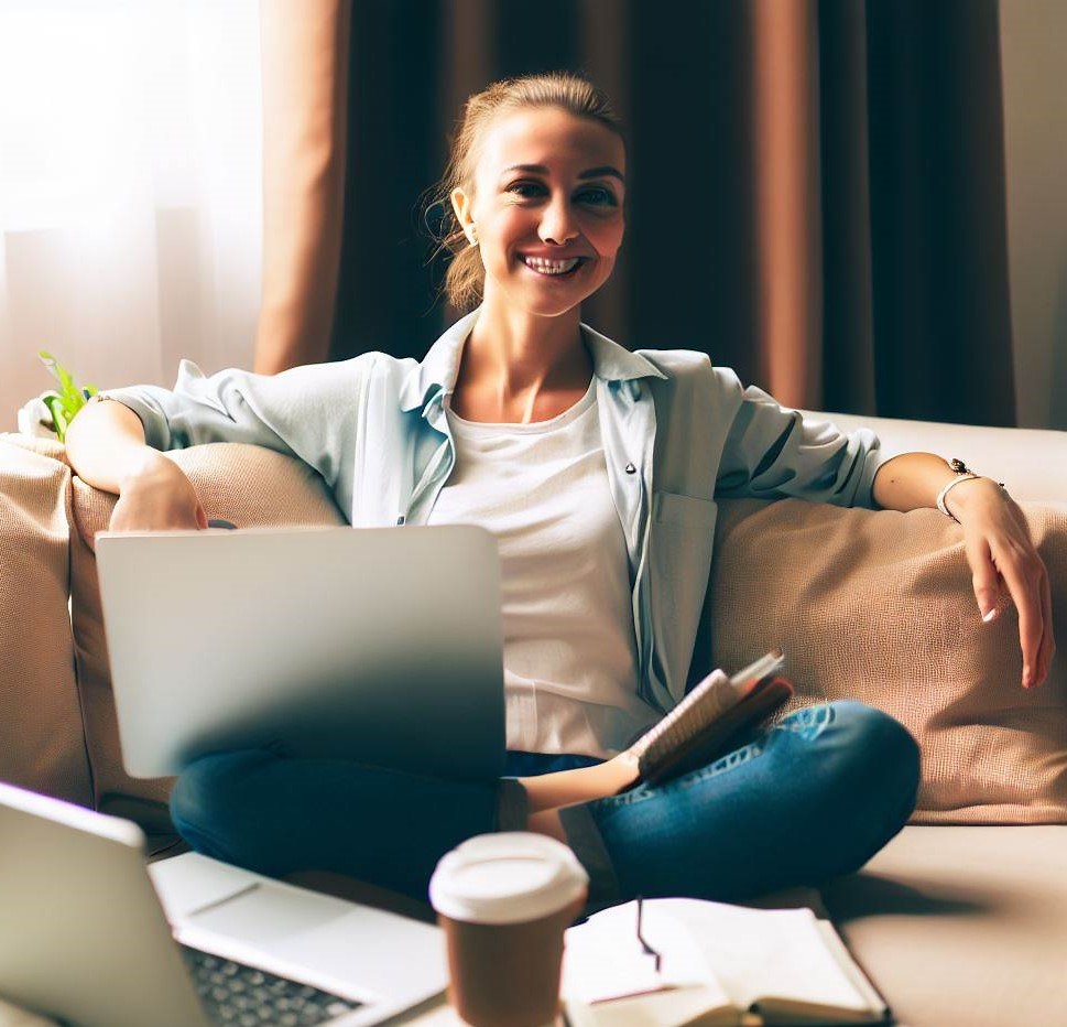 A woman sitting on a couch with a laptop, a cup of coffee, and a planner on a table. She is smiling and looking relaxed.