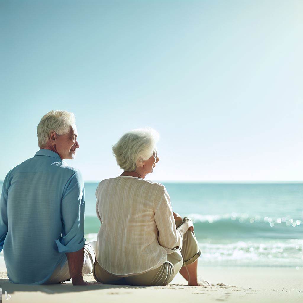 Couple enjoying peaceful atmosphere in beach after retirement
