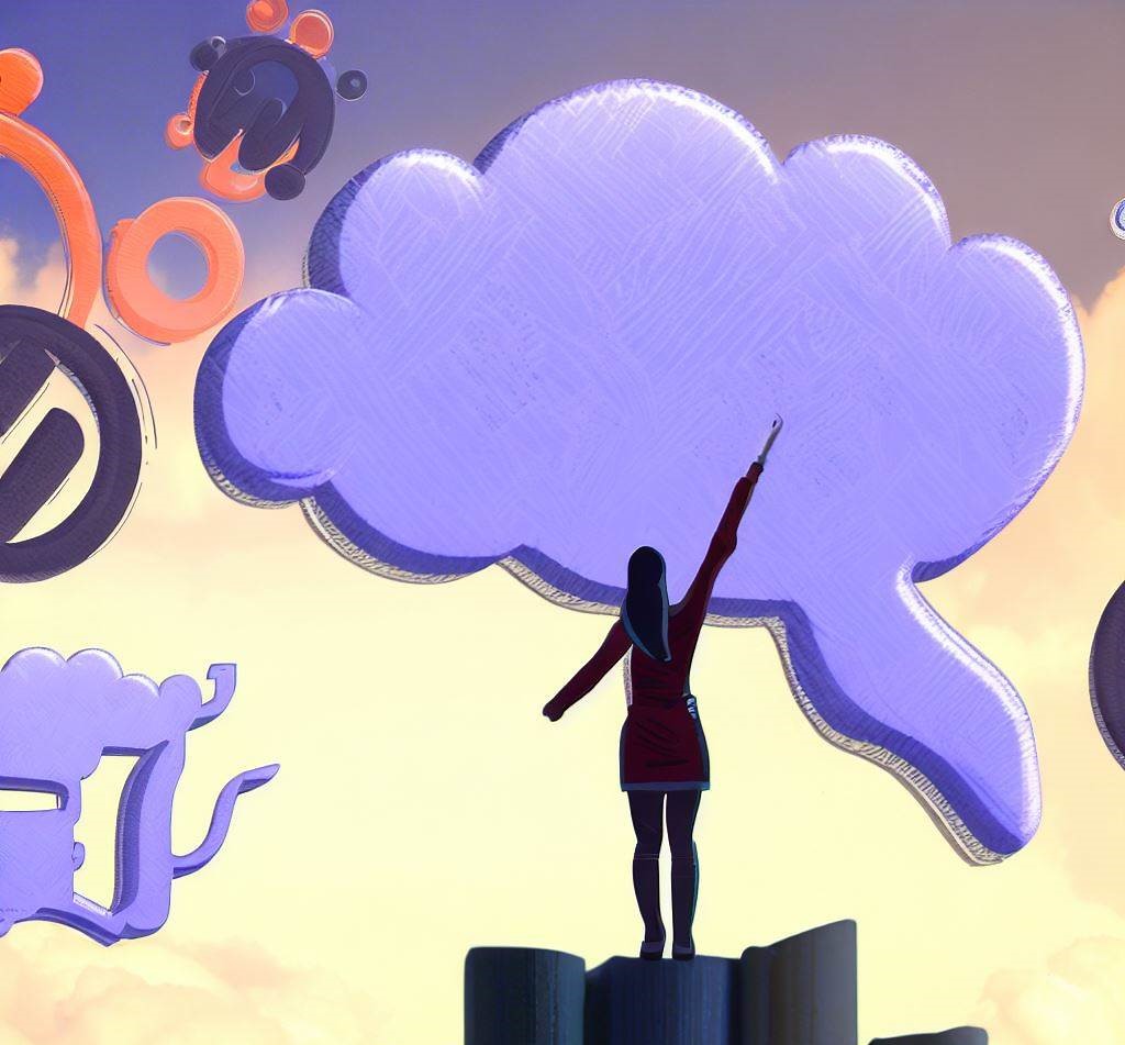 Illustration of a person building self-confidence, reaching for the sky, with symbols of psychology and neuroscience.
