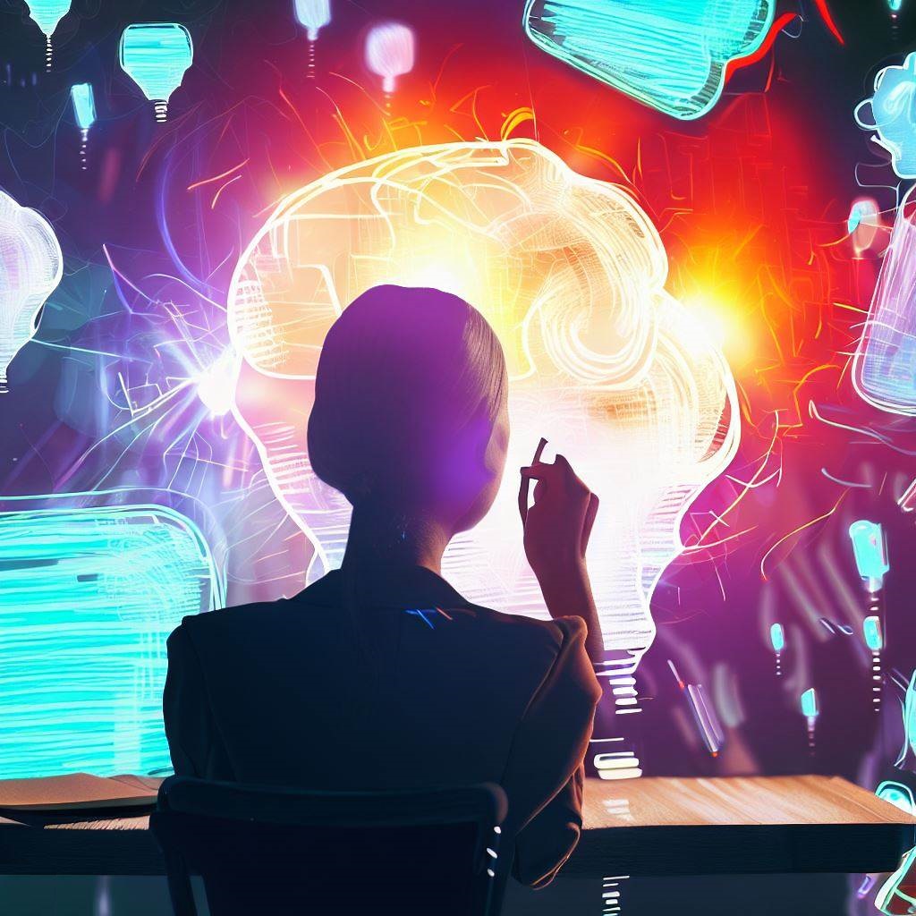 A lady sits in front of a bright digital screen that portrays a brain.