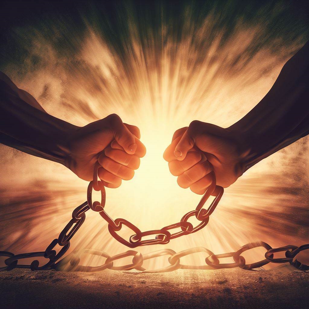 Person breaking free from chains, representing overcoming negative thought cycles.