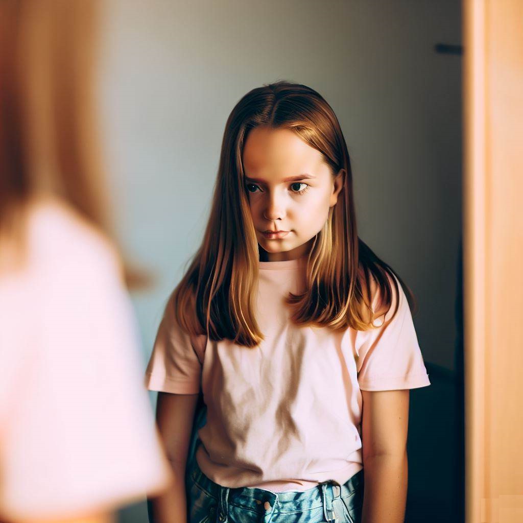 Young girl looking confused, staning in front of a mirror