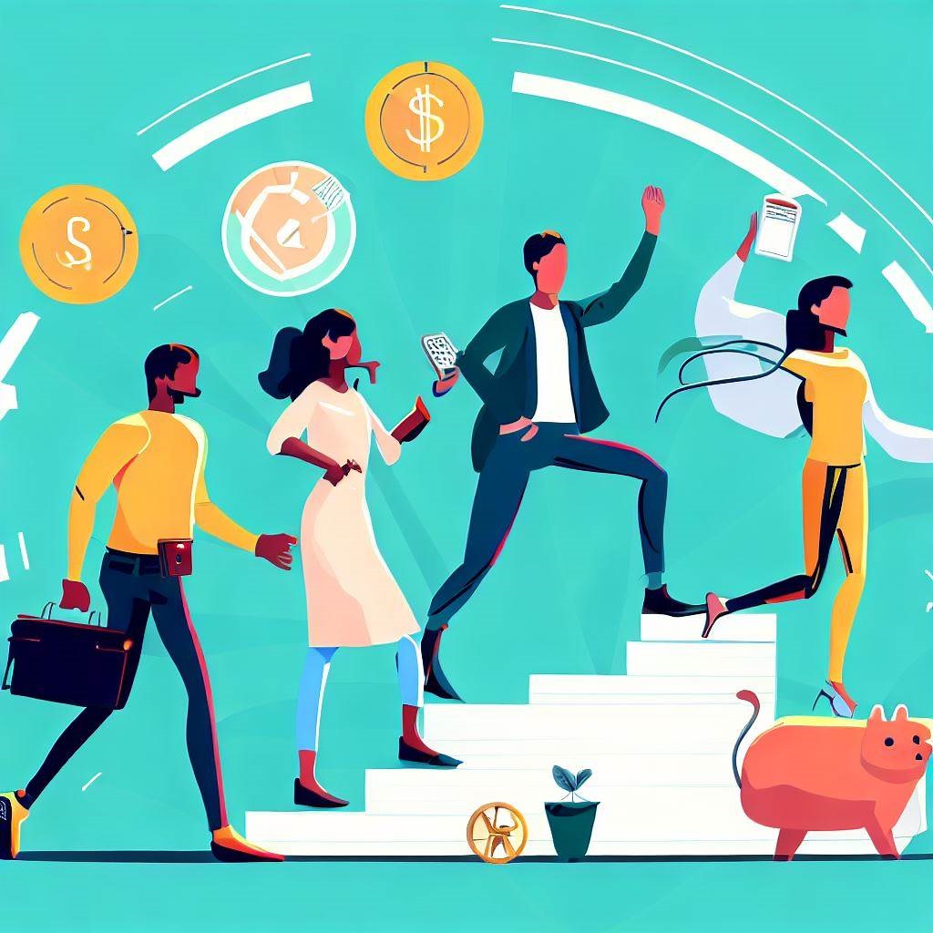 A group of diverse millennials on their journey to financial independence, with visual elements representing goal-setting, budgeting, saving, debt repayment, and investing.
