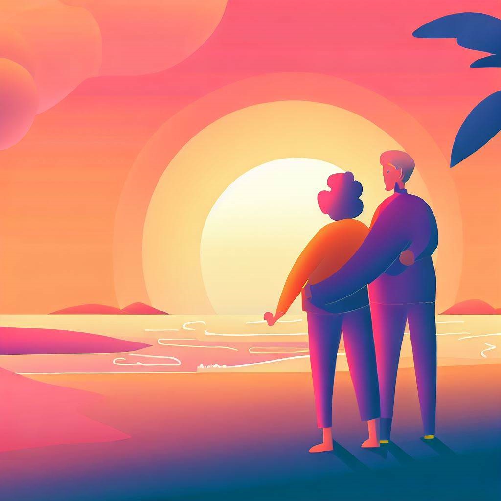 Elderly couple enjoying a sunset on a warm beach.