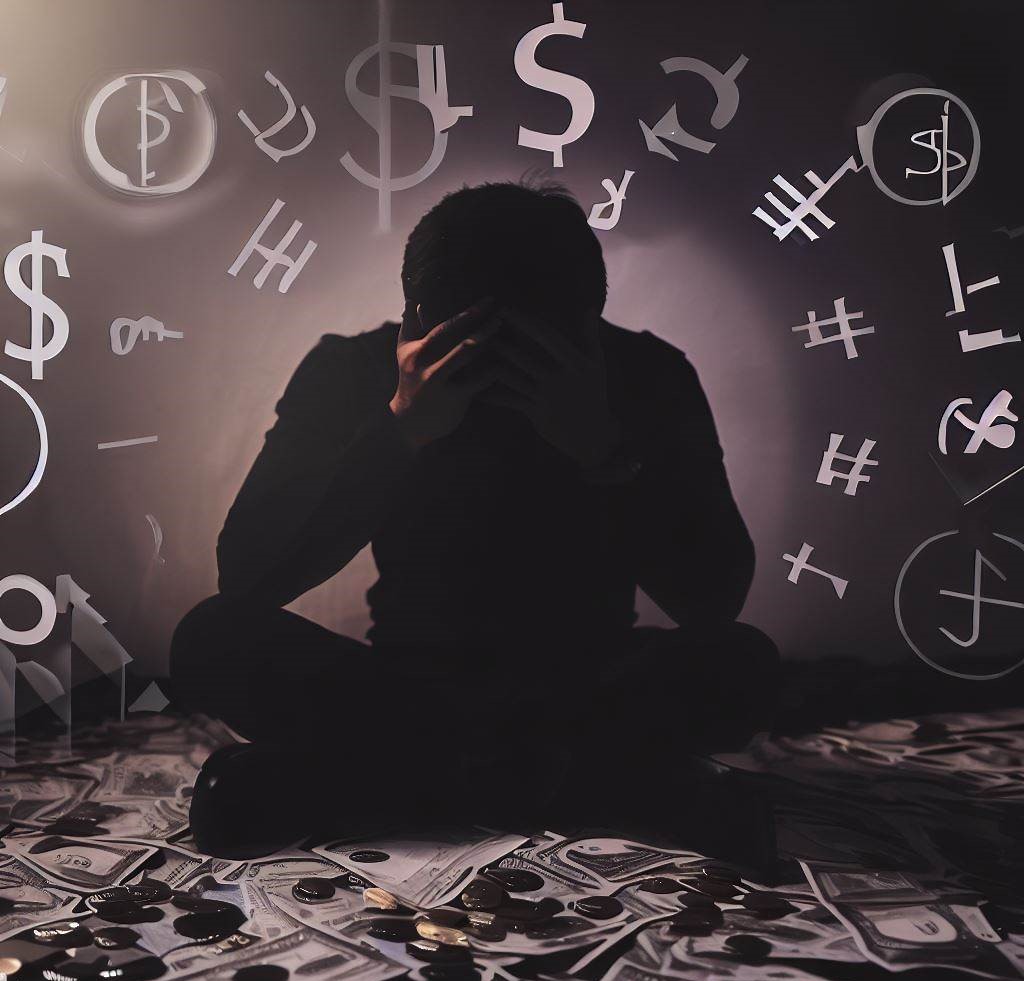 A person overwhelmed by financial stress and depression, surrounded by financial symbols.