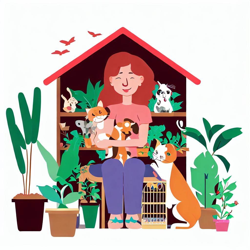A smiling woman House-sitting with a dog and cats, surrounded by potted plants.