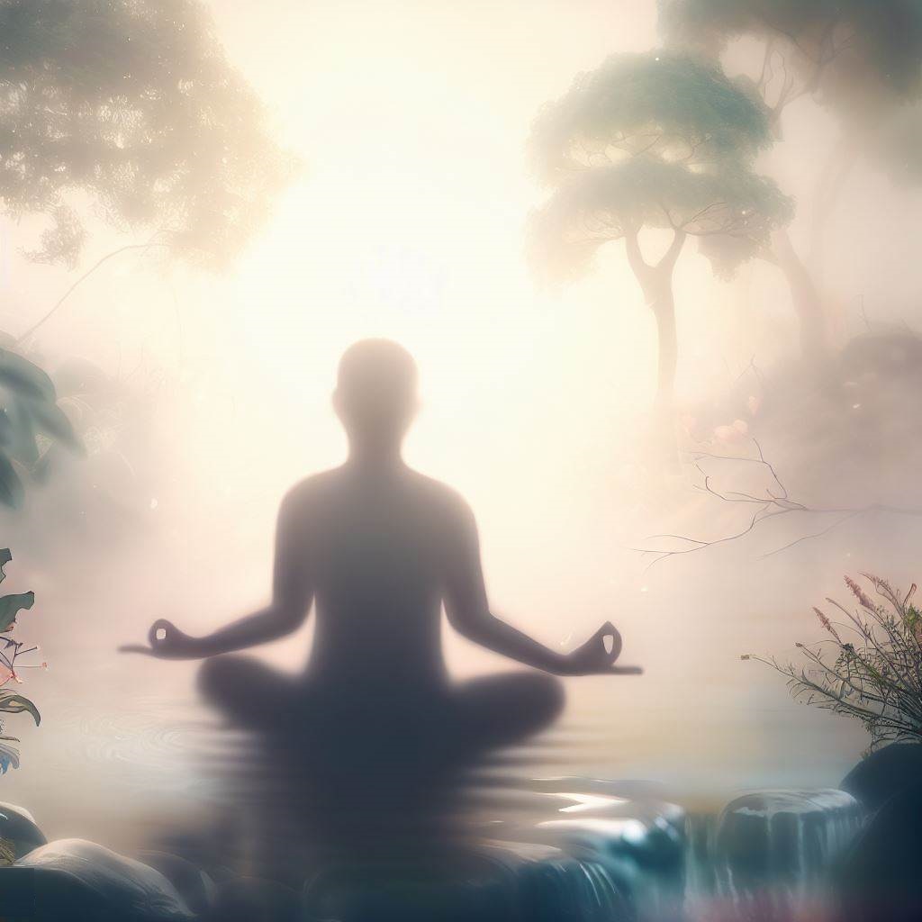 A person meditating in a tranquil natural setting, surrounded by water, trees, and soft light.