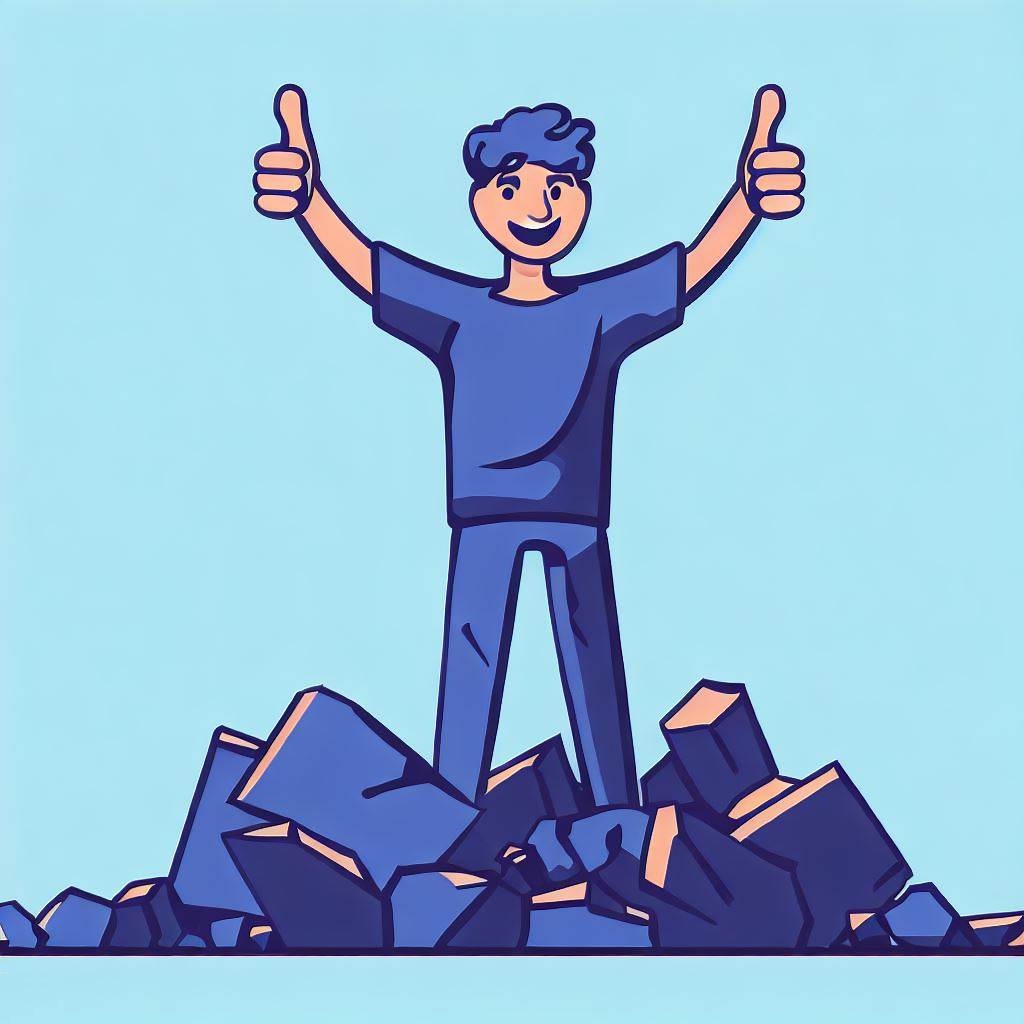 Person standing on building debris with a thumbs-up, symbolizing a positive attitude