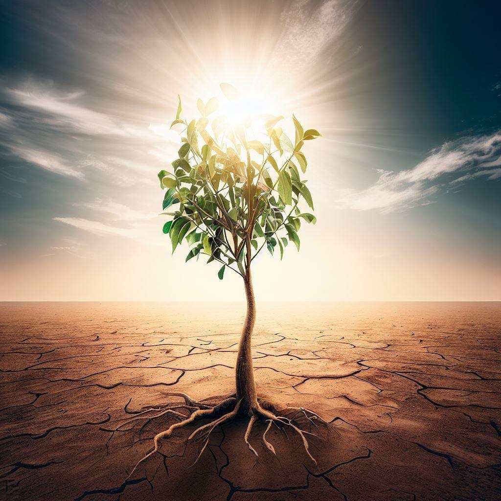 A young tree growing in a barren desert landscape under a bright sun.
