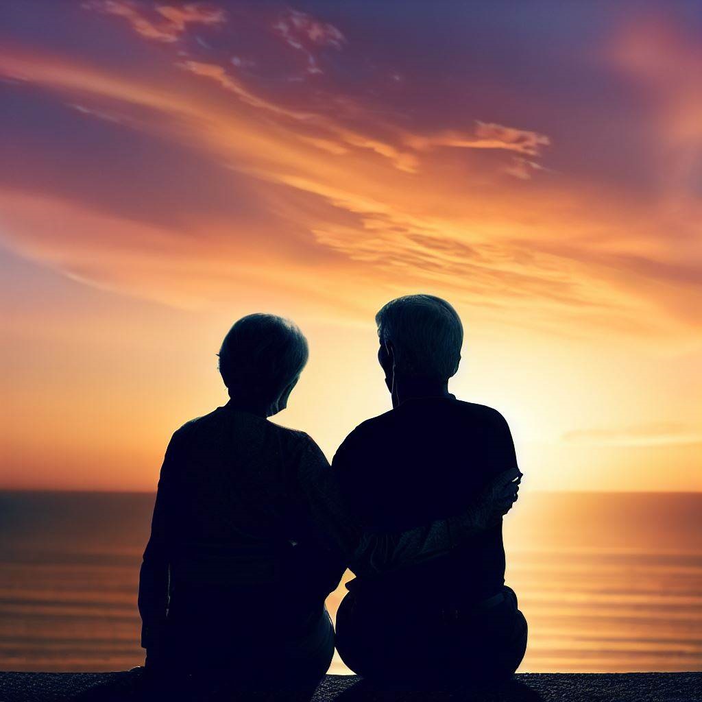 Elderly couple holding hands while watching a sunset