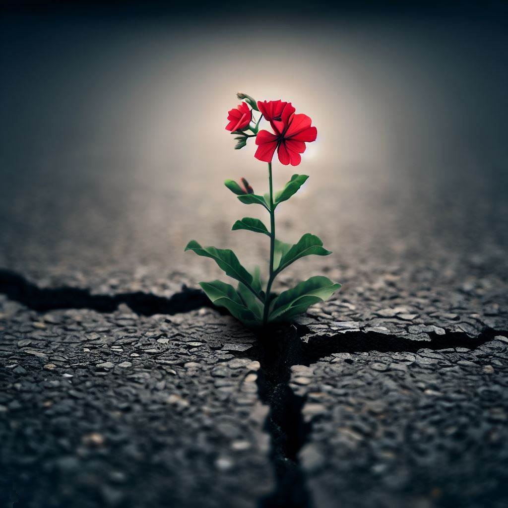 A brick red flower growing out of a crack in gray asphalt, symbolize the ability to endure hardship and thrive in harsh conditions.