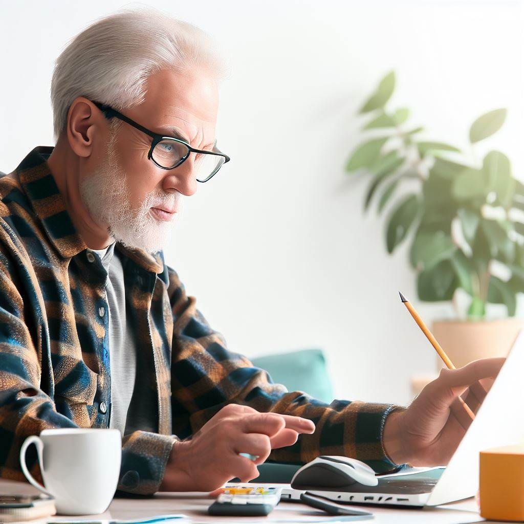 A retiree sits in front of laptop, calculating his financial balance and retirement budget