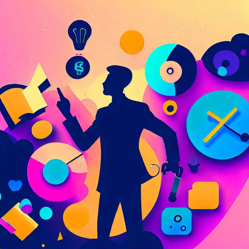 Person surrounded by symbols of creativity and innovation, generating new ideas
