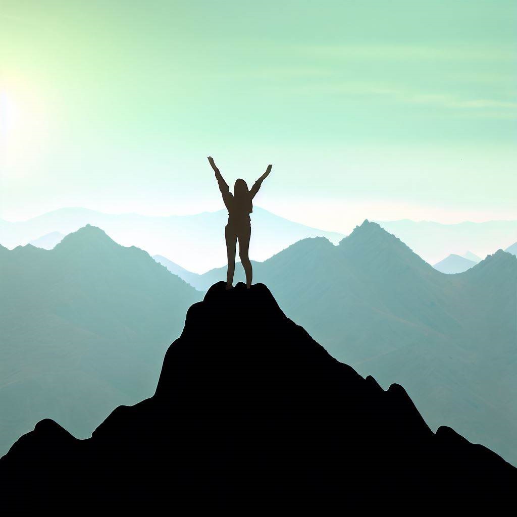 Person triumphantly standing on a mountain peak, celebrating resilience and bouncing back from failure.