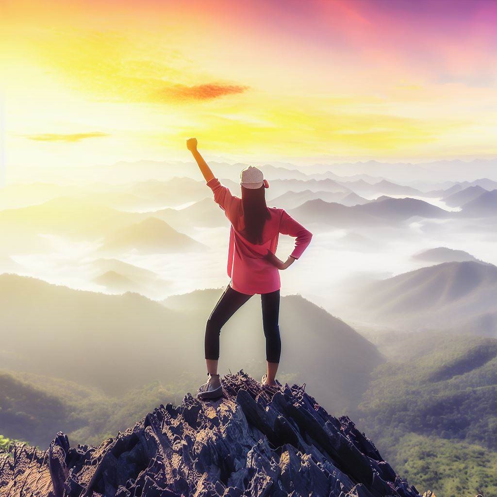 A confident person standing on a mountain peak, raising a hand in confidence, who is surrounded by thought bubbles of positive affirmations and visualization, expresses “I’m successful.”