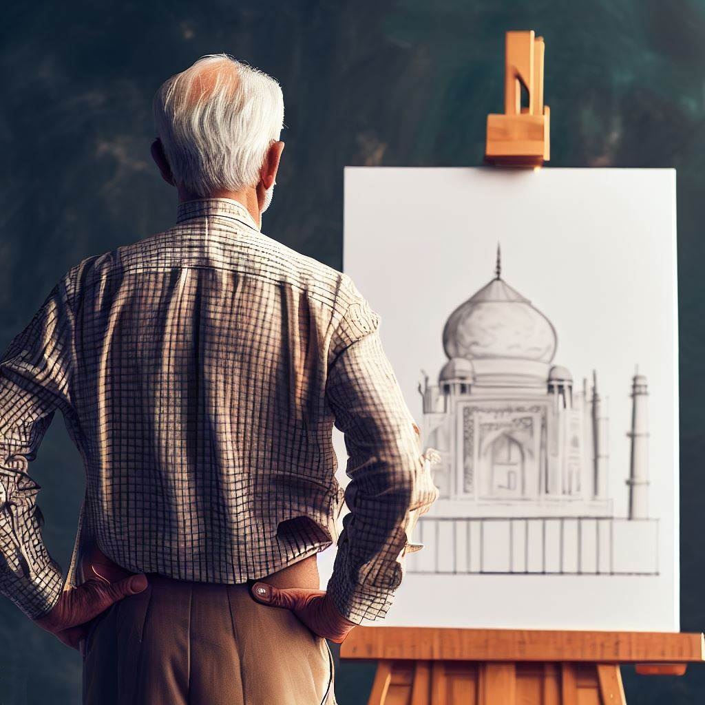 An elderly man joyfully looking at the canvas, showcasing how creative hobbies can bring happiness and income to seniors.