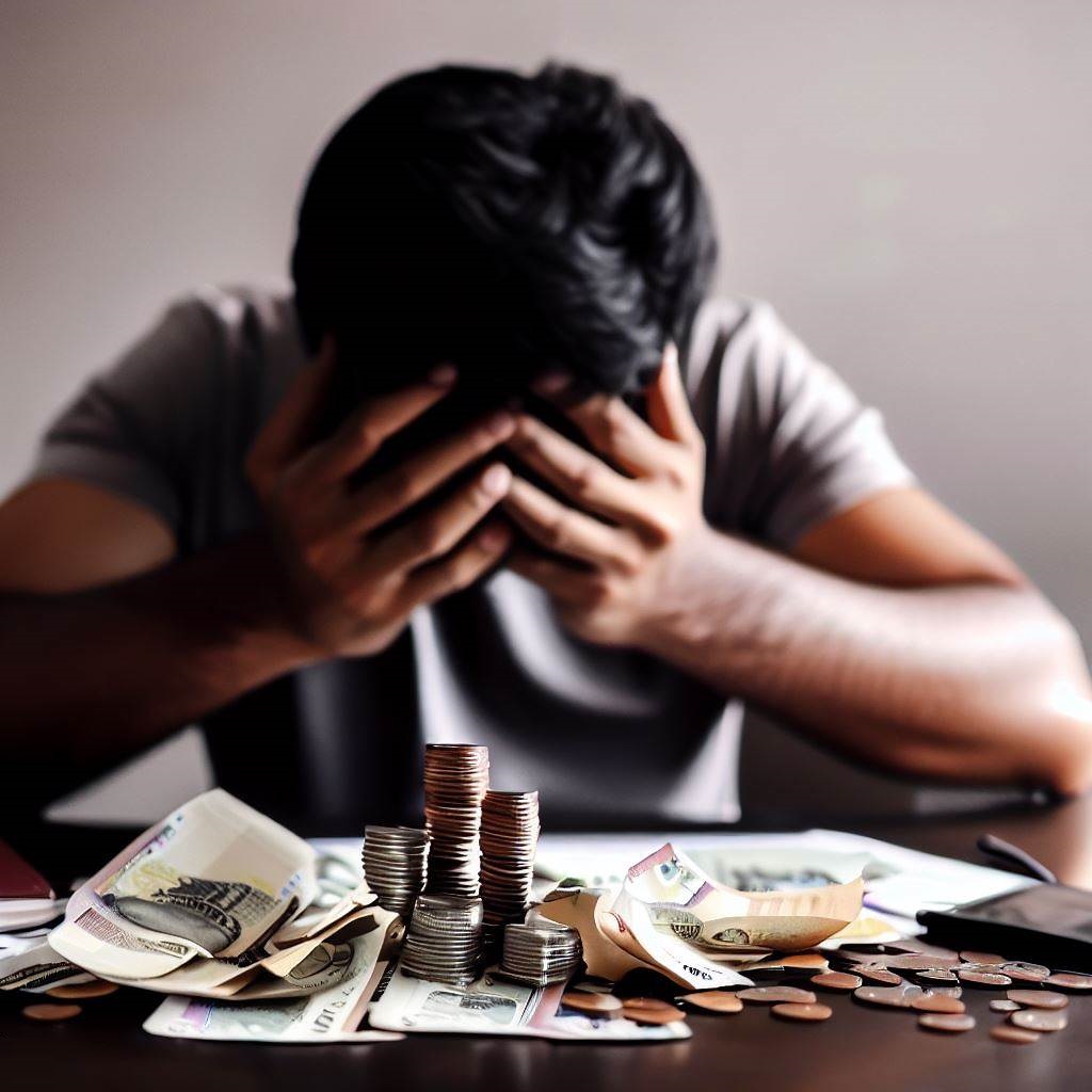 A person holding their head in their hands while looking at the statements, a stack of bills and coins on a table