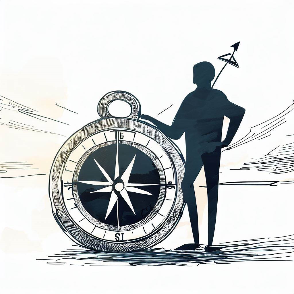 A drawing of a person holding a compass and looking at the horizon