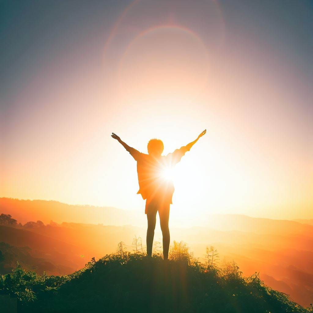 Person with outstretched arms on a hill during sunrise, embracing a positive attitude