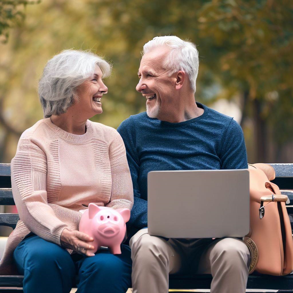 An image of a happy senior couple sitting on a bench in a park with a laptop and a piggy bank - symbolising their intent for Save for Retirement.