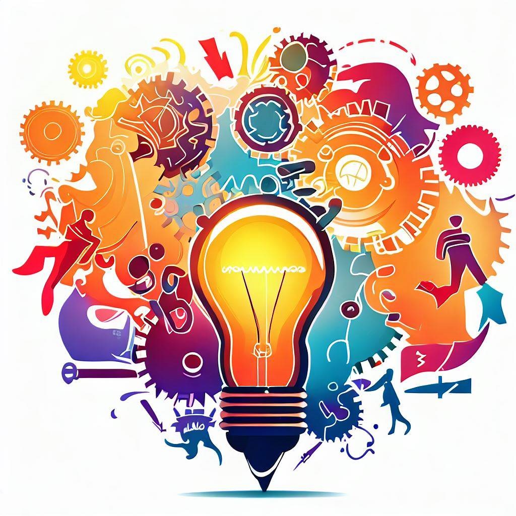 Vibrant illustration of a lightbulb surrounded by gears, interconnected lines, and diverse human silhouettes, representing creativity and innovation.