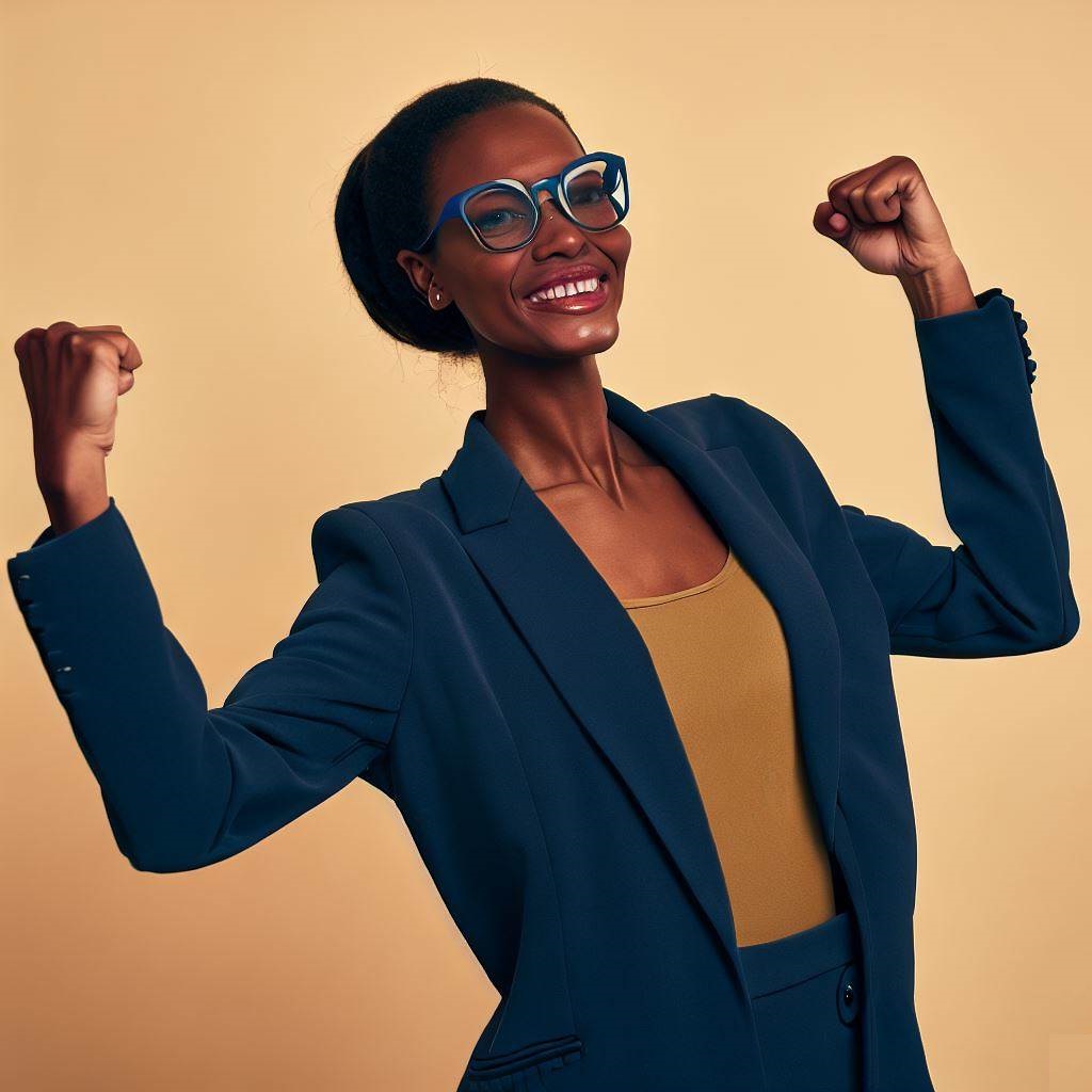 A woman in a business suit raises her hands in victory after overcoming a business setback.