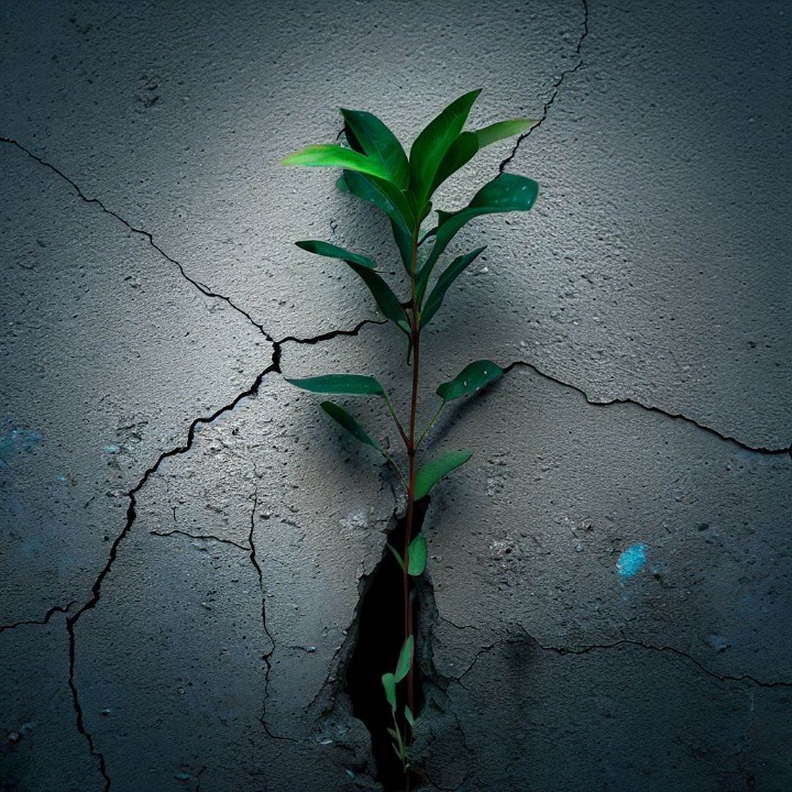 A green plant growing out of a crack in a gray concrete wall that represents building resilience and confidence.