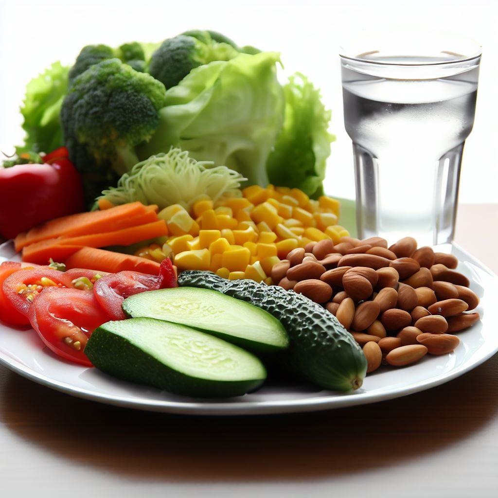 Illustration of a plate full of healthy foods symbolizing intermittent fasting.