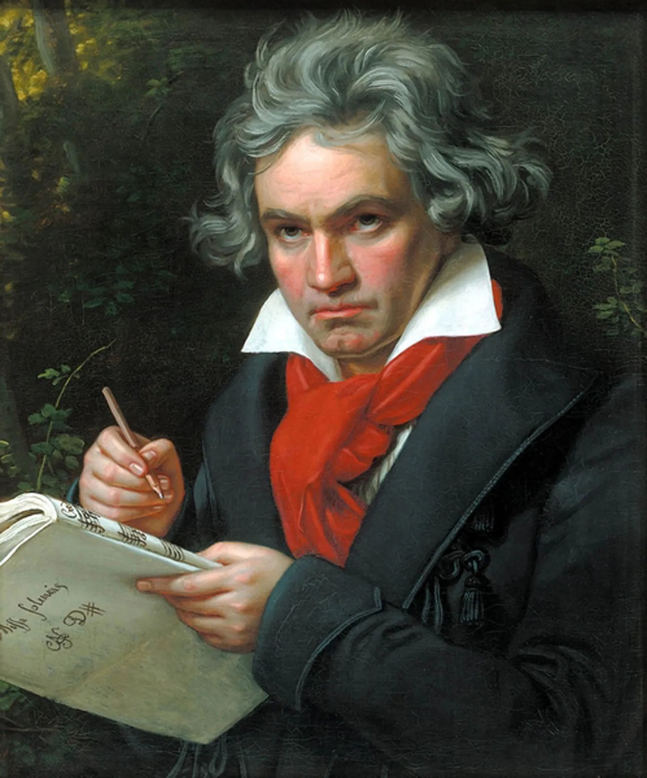 Illustration of Beethoven taking musical notes for Symphony No. 9