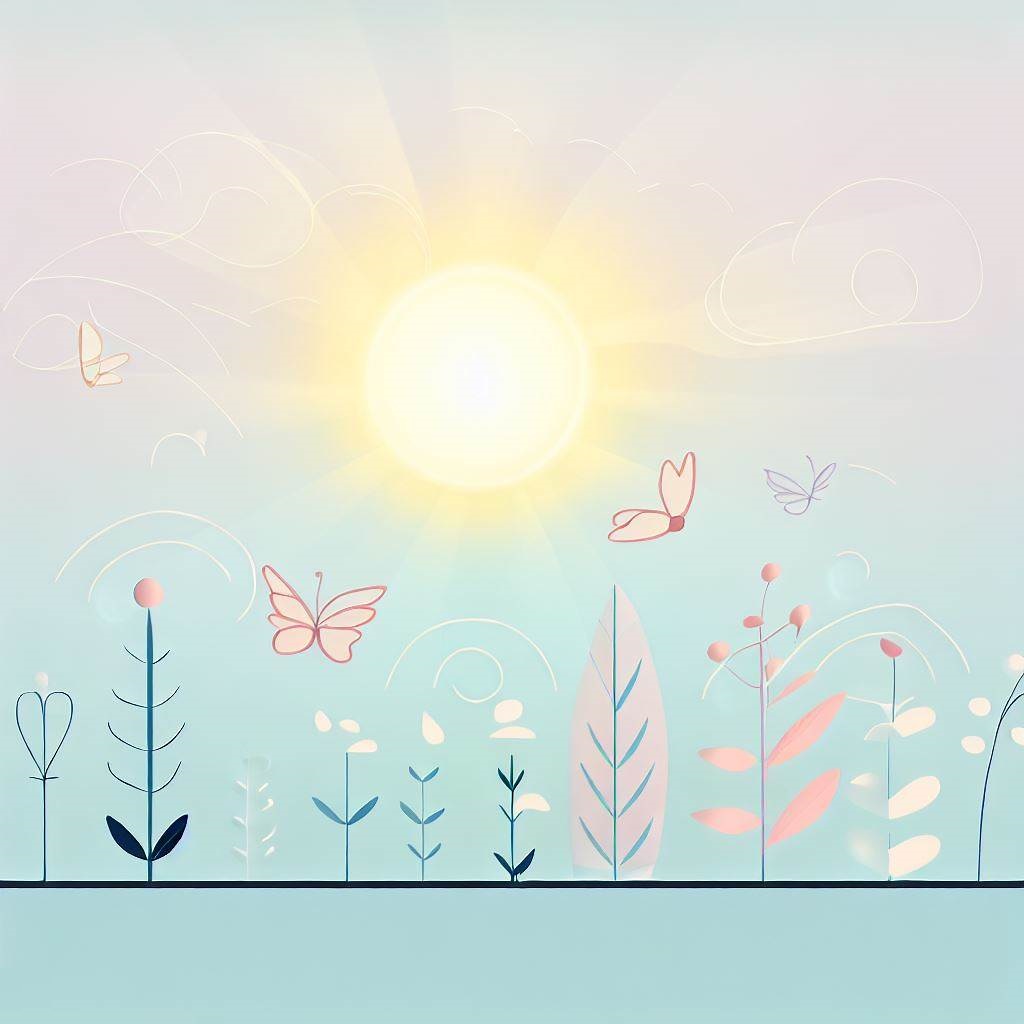 An inspiring image symbolizing the transition from a negative mindset (depicted as a stormy sky) towards positivity and growth (depicted as a rising sun, a flourishing plant, and a butterfly in flight). Overcoming negativity and stress.