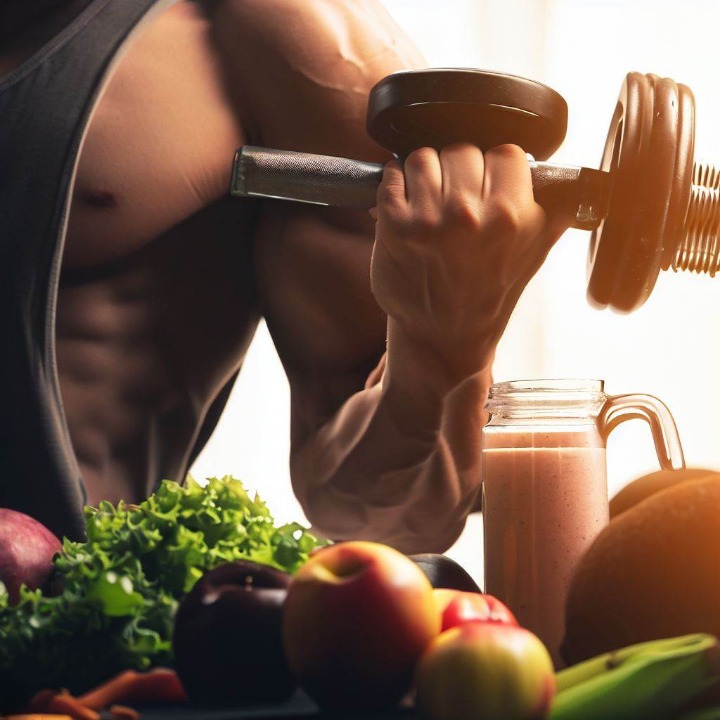 A person lifting weights with a protein shake and healthy food in the background.
