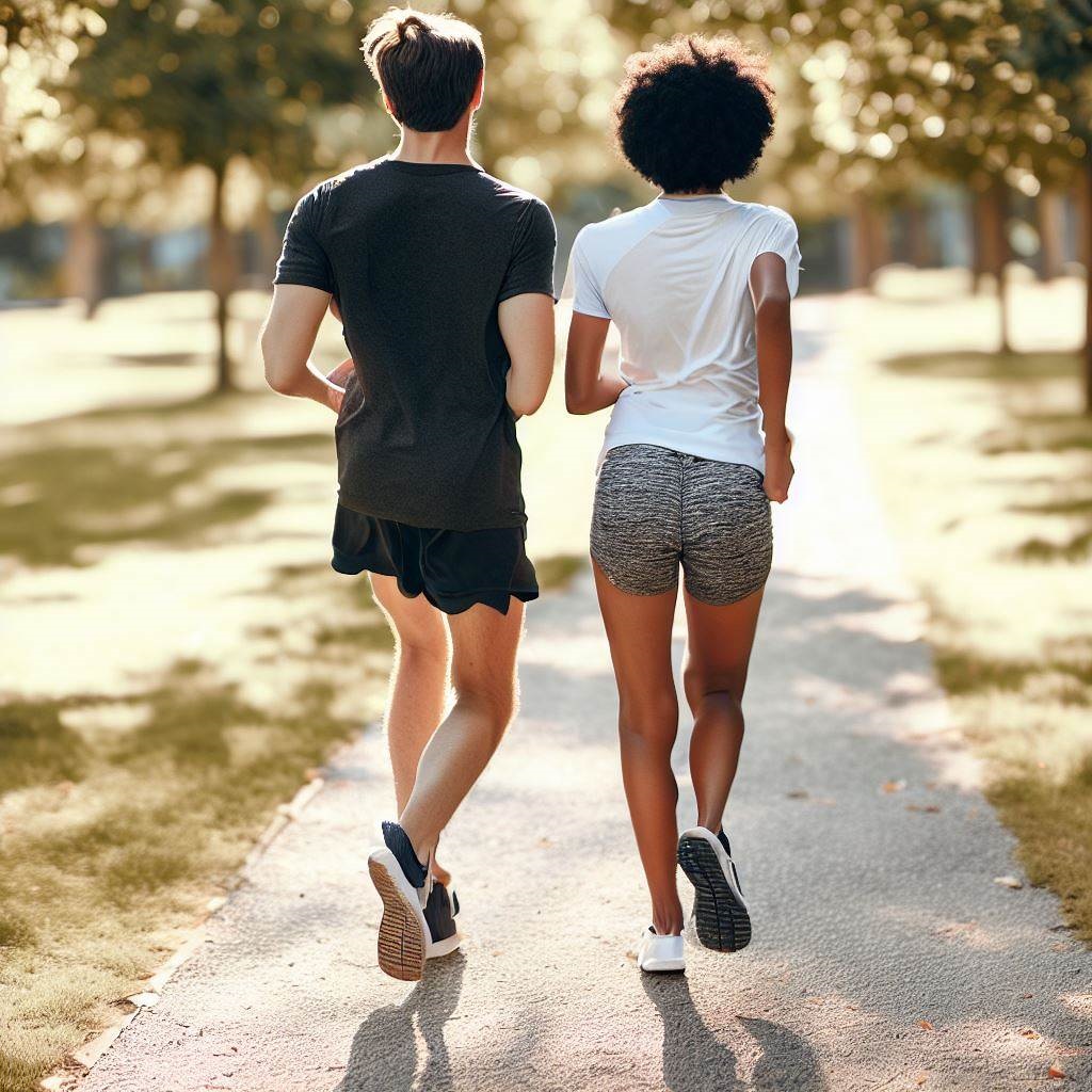 A young couple jogging in a park with normal clothes and back to the camera.