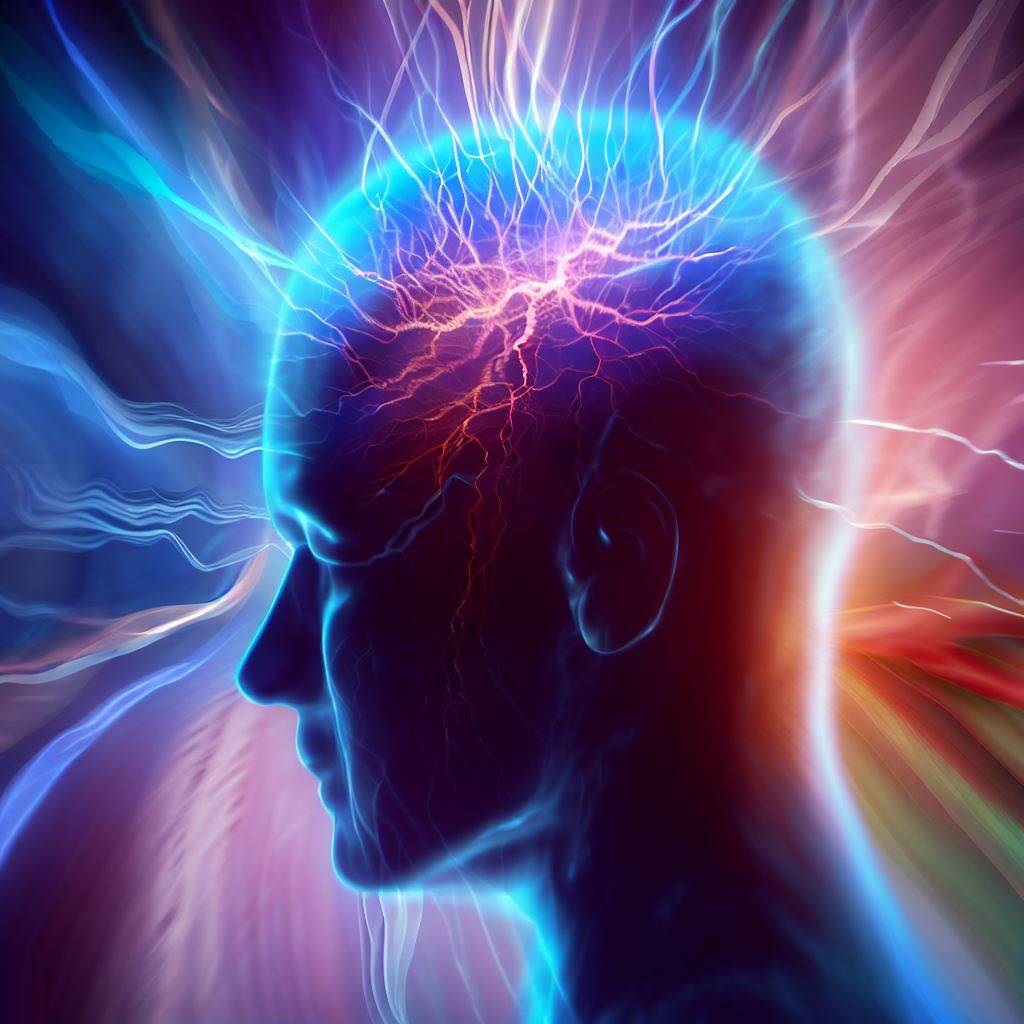 An image of a human head with electric rays reflecting from it, illustrating the electrical activity in the brain during an epileptic seizure.