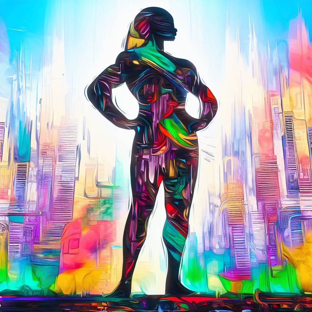 Artistic representation of a confident figure standing tall amidst a vibrant cityscape.