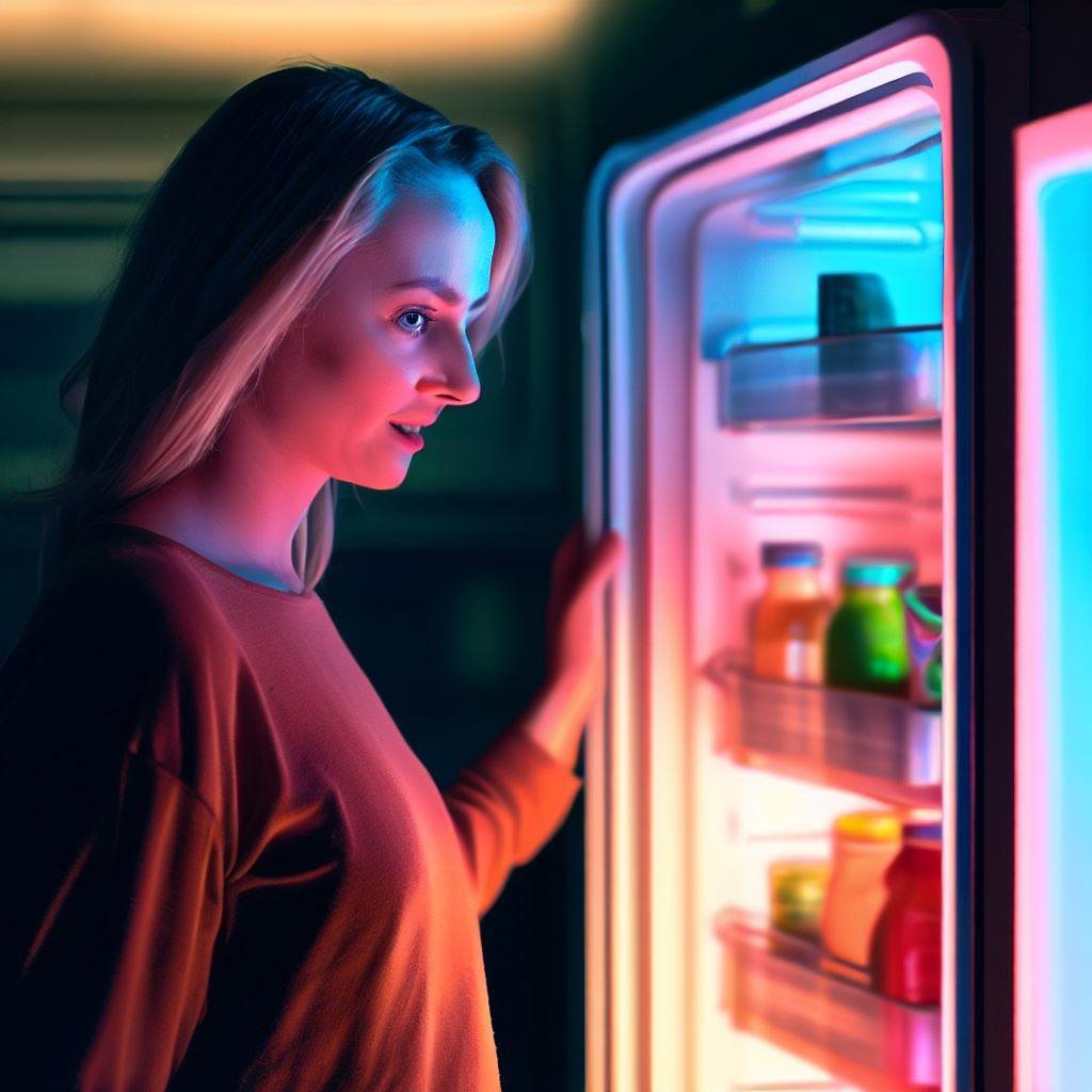 Girl standing in front of an open refrigerator, lit by the appliance's light, as she contemplates what to eat.