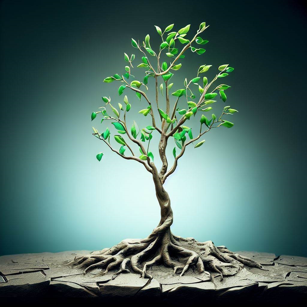 A ceramic sculpture showing a small sapling in a barren landscape growing into a sturdy tree amidst a lush forest, depicting the journey from failure to success.