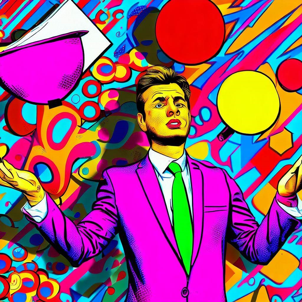 Self-Confidence: Colorful pop art illustration of a person juggling symbols of job, relationships, and obligations.