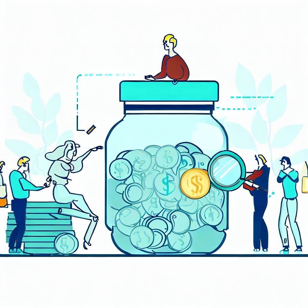 Mutual Funds Introduction: A group of people putting money into a large jar and a person holding a magnifying glass over the jar and smiling.