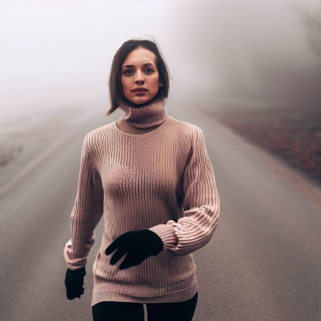 A young healthy lady with a smile on her face, wearing a pullover and walking in a foggy morning.