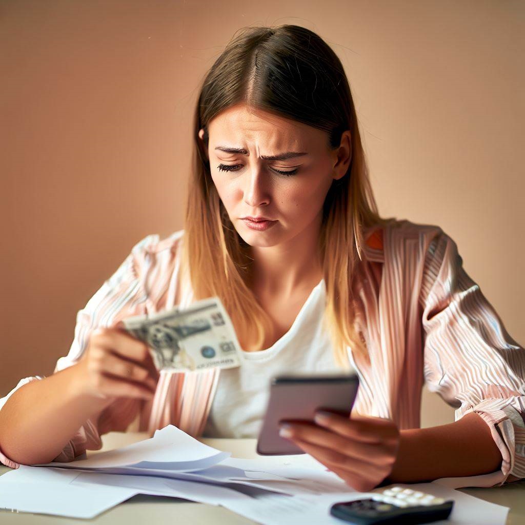 A young woman sitting at a table with bills and currency in her hands, looking worried and stressed.